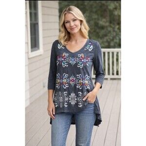 JOHNNY WAS Women's Embroidered Floral Bohemian Tunic Gray 3/4 Sleeve Size Small